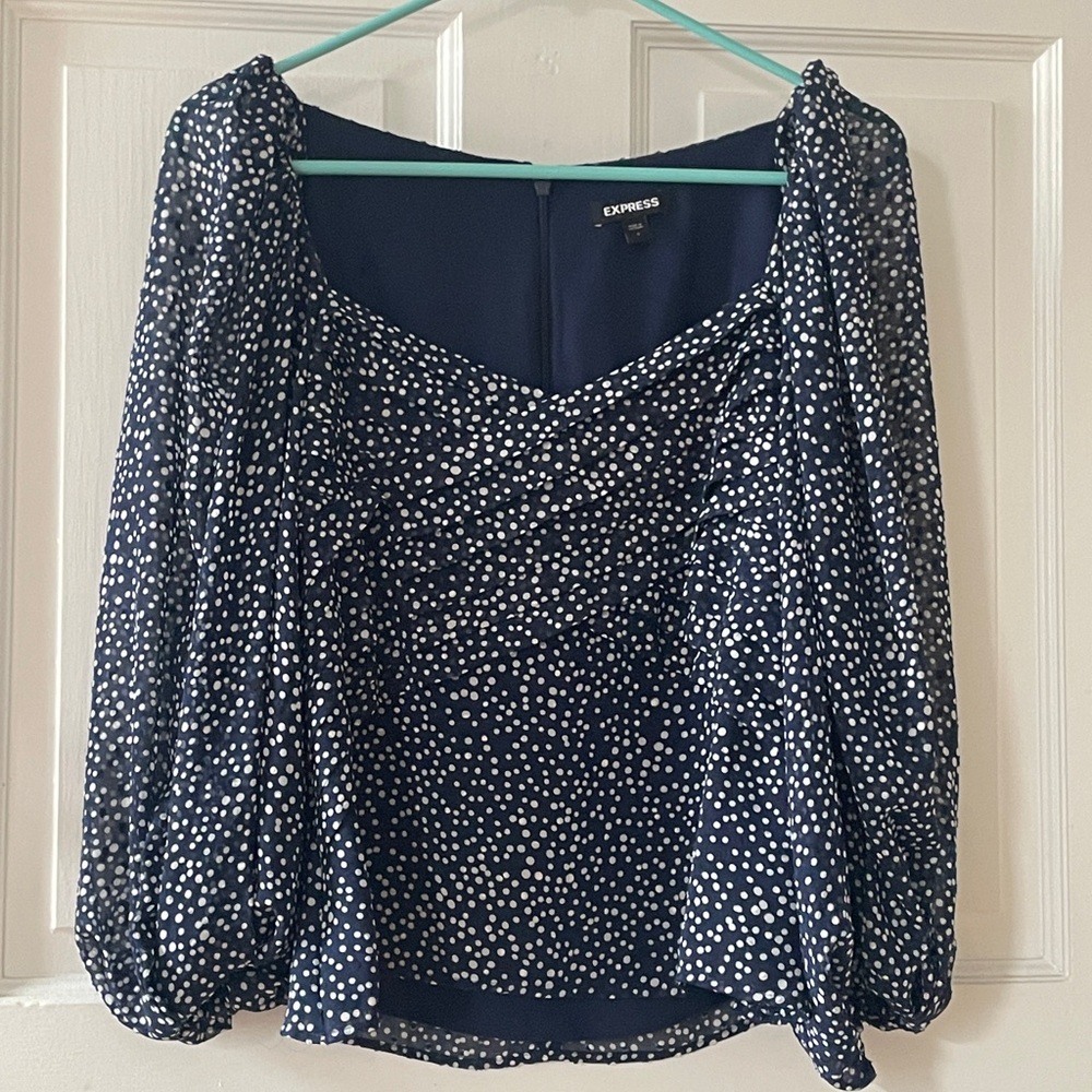 Express Blue Ruched Blouse with Balloon Sleeves- Small